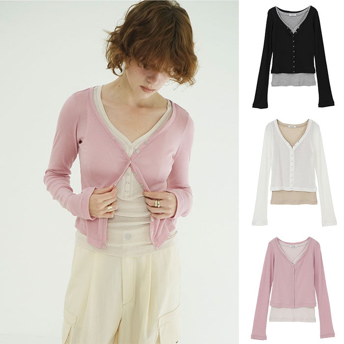 CLANE 正規商品 クラネ カーブドネック レイヤードセット トップス カーディガ ン CURVED NECK LAYERED SET TOPS ピンク ホワイト ブラック 2026秋冬新作【111051113】