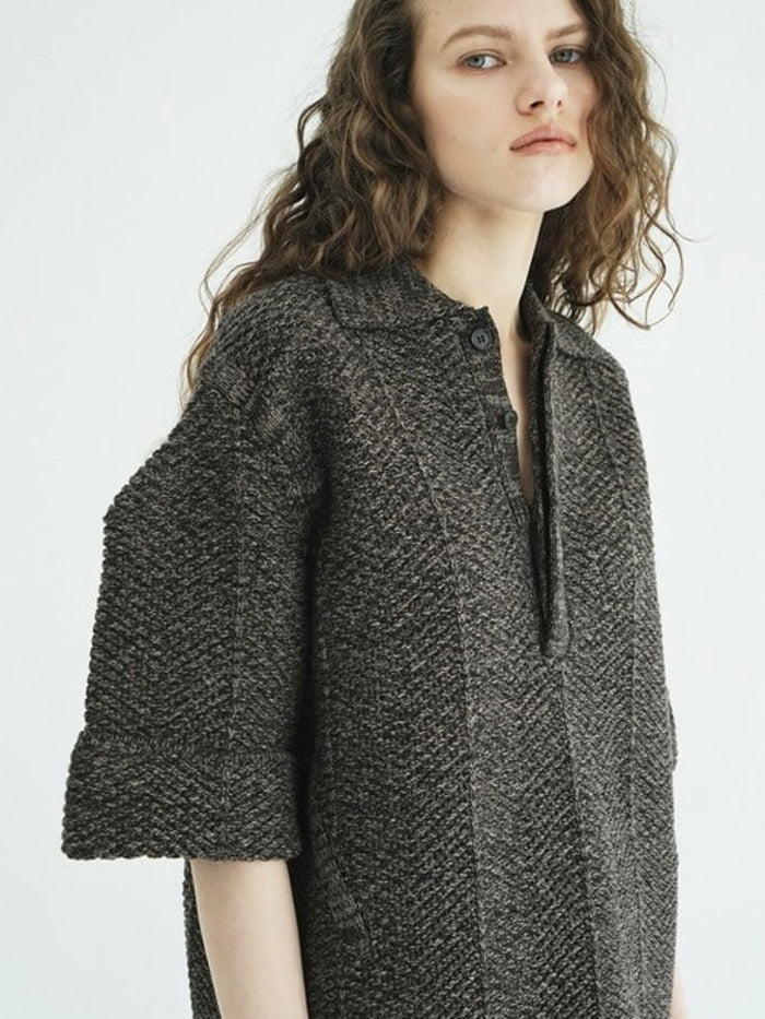 CLANE 正規商品 クラネ トップス オーバー ハーフスリーブ ポロ ニット トップス OVER HALF SLEEVE POLO KNIT TOPS アイボリー ミックス 2色展開 2026秋冬新作【111062053】