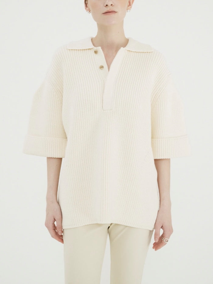 CLANE 正規商品 クラネ トップス オーバー ハーフスリーブ ポロ ニット トップス OVER HALF SLEEVE POLO KNIT TOPS アイボリー ミックス 2色展開 2026秋冬新作【111062053】