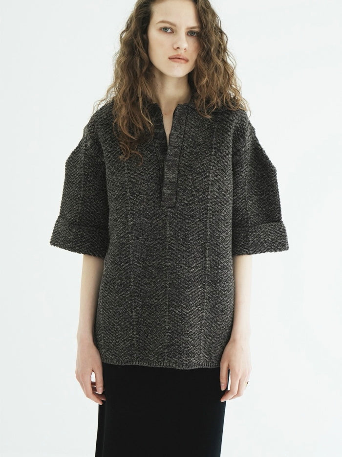 CLANE 正規商品 クラネ トップス オーバー ハーフスリーブ ポロ ニット トップス OVER HALF SLEEVE POLO KNIT TOPS アイボリー ミックス 2色展開 2026秋冬新作【111062053】