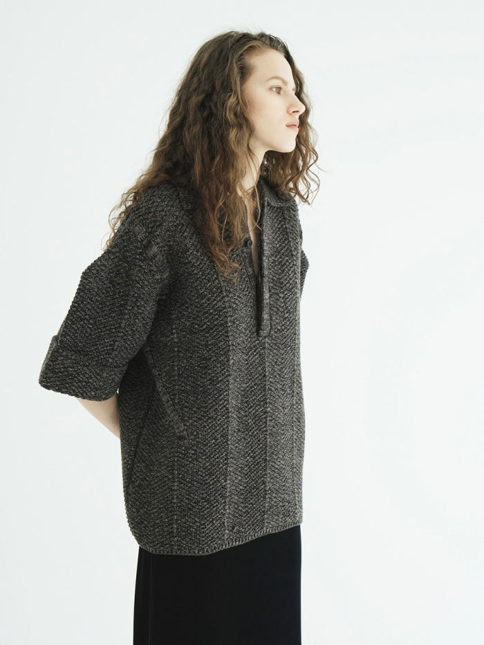 CLANE 正規商品 クラネ トップス オーバー ハーフスリーブ ポロ ニット トップス OVER HALF SLEEVE POLO KNIT TOPS アイボリー ミックス 2色展開 2026秋冬新作【111062053】