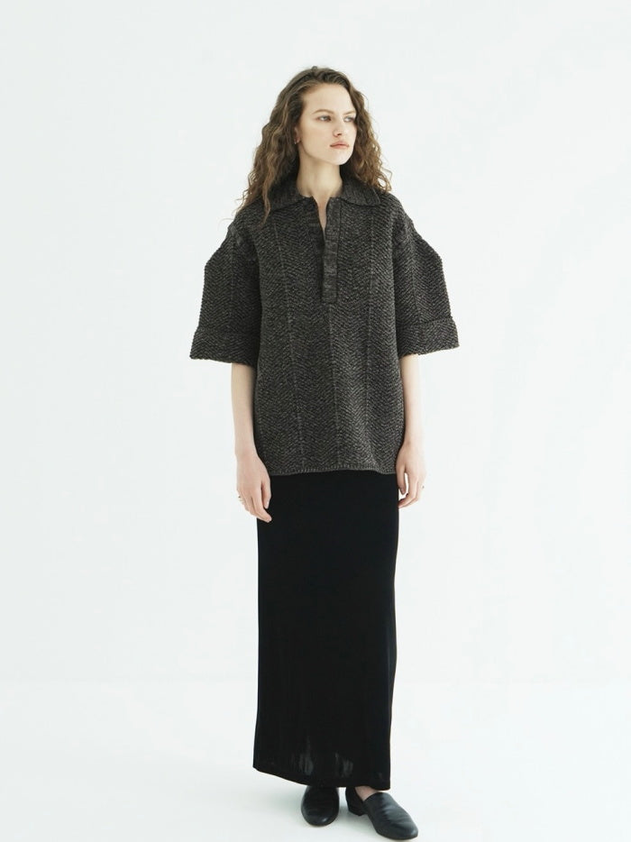 CLANE 正規商品 クラネ トップス オーバー ハーフスリーブ ポロ ニット トップス OVER HALF SLEEVE POLO KNIT TOPS アイボリー ミックス 2色展開 2026秋冬新作【111062053】