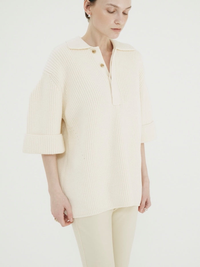 CLANE 正規商品 クラネ トップス オーバー ハーフスリーブ ポロ ニット トップス OVER HALF SLEEVE POLO KNIT TOPS アイボリー ミックス 2色展開 2026秋冬新作【111062053】