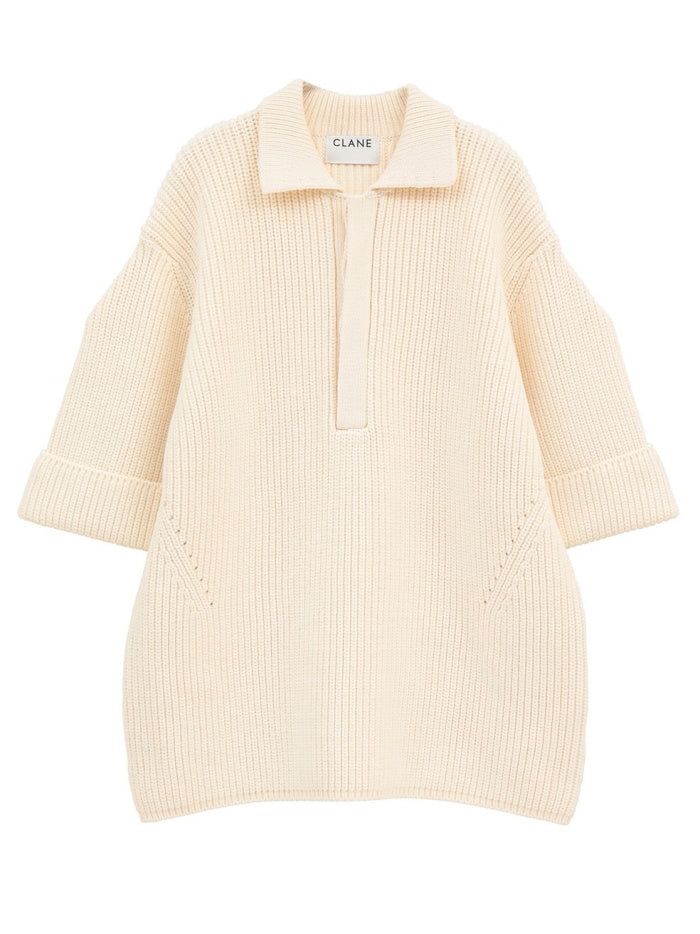 CLANE 正規商品 クラネ トップス オーバー ハーフスリーブ ポロ ニット トップス OVER HALF SLEEVE POLO KNIT TOPS アイボリー ミックス 2色展開 2026秋冬新作【111062053】