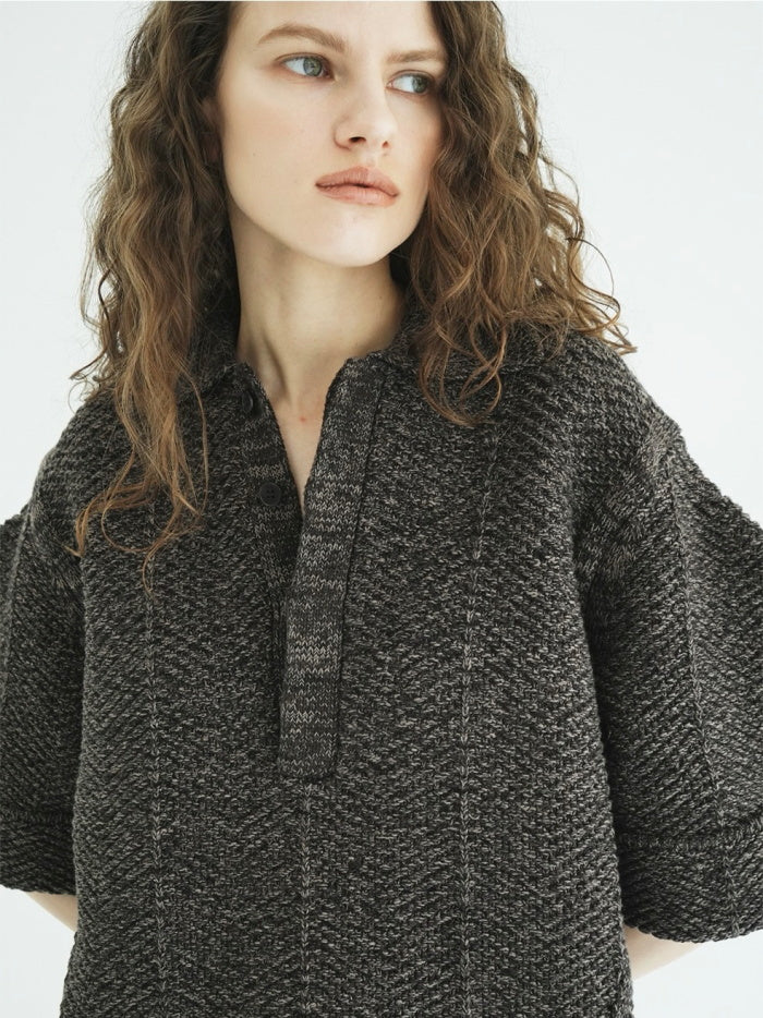 CLANE 正規商品 クラネ トップス オーバー ハーフスリーブ ポロ ニット トップス OVER HALF SLEEVE POLO KNIT TOPS アイボリー ミックス 2色展開 2026秋冬新作【111062053】