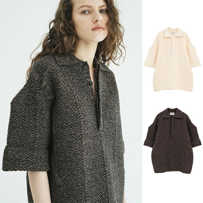 CLANE 正規商品 クラネ トップス オーバー ハーフスリーブ ポロ ニット トップス OVER HALF SLEEVE POLO KNIT TOPS アイボリー ミックス 2色展開 2026秋冬新作【111062053】
