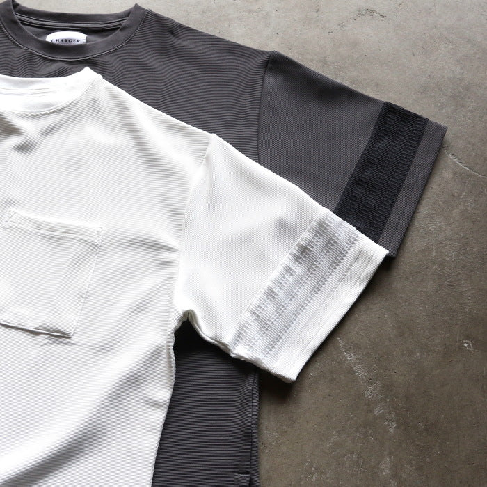 【着痩せシリーズ】CHARGER トップス ユニセックス 無地 チャージャー パネル 切り替え Tシャツ ホワイト/グレー White/Gray 2色展開