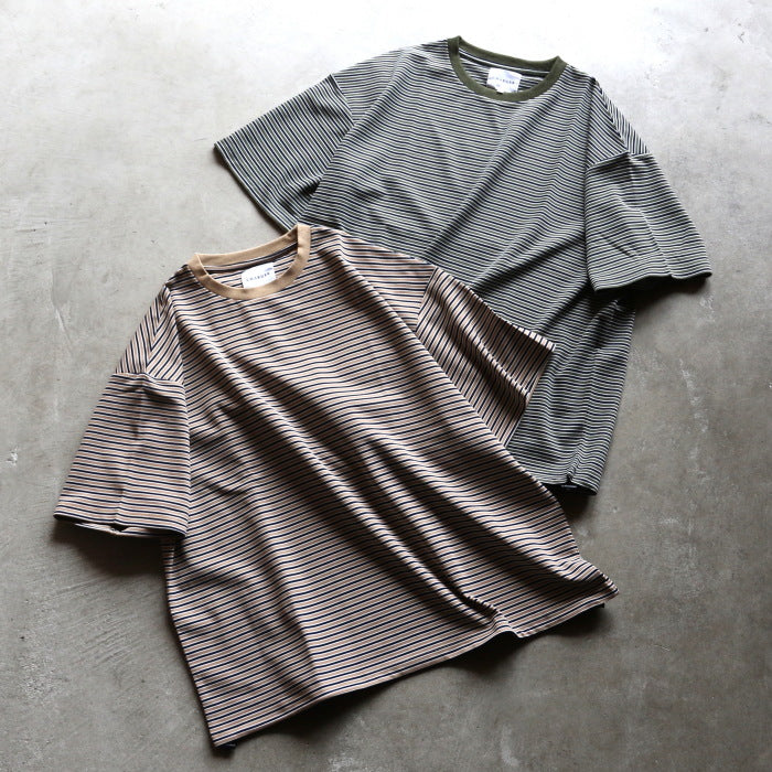 【着痩せシリーズ】CHARGER トップス ユニセックス チャージャー オリジナル ボーダー スピンドル Tシャツ カーキ/ベージュ 2色展開