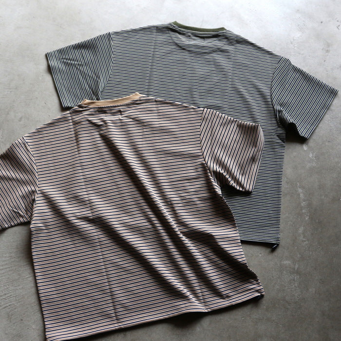 【着痩せシリーズ】CHARGER トップス ユニセックス チャージャー オリジナル ボーダー スピンドル Tシャツ カーキ/ベージュ 2色展開